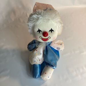 VINTAGE Plush MUSICAL Sitting CLOWN Blue White Satin Creepy Head Turns
